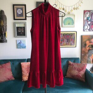CALVIN KLEIN size 4 Ruby Red Stretch Velvet Mock Neck Sleeveless Ruffle Dress